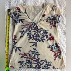 Double Layer Mesh Japanese Floral Print Cap Sleeve Top Ruched V Neckline. M